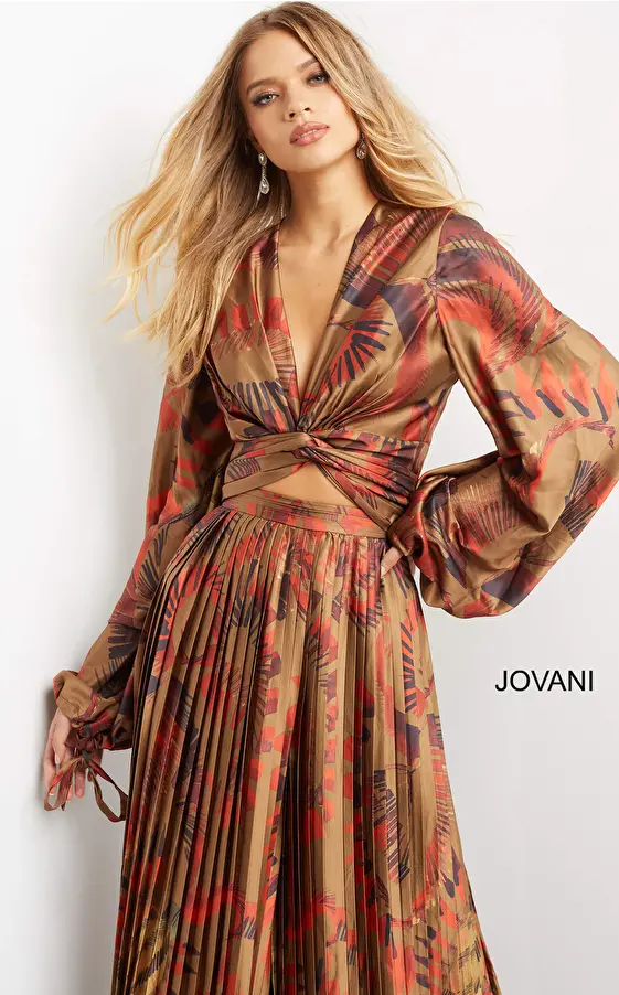 Brown print on trend Jovani set style 06851 and 06852